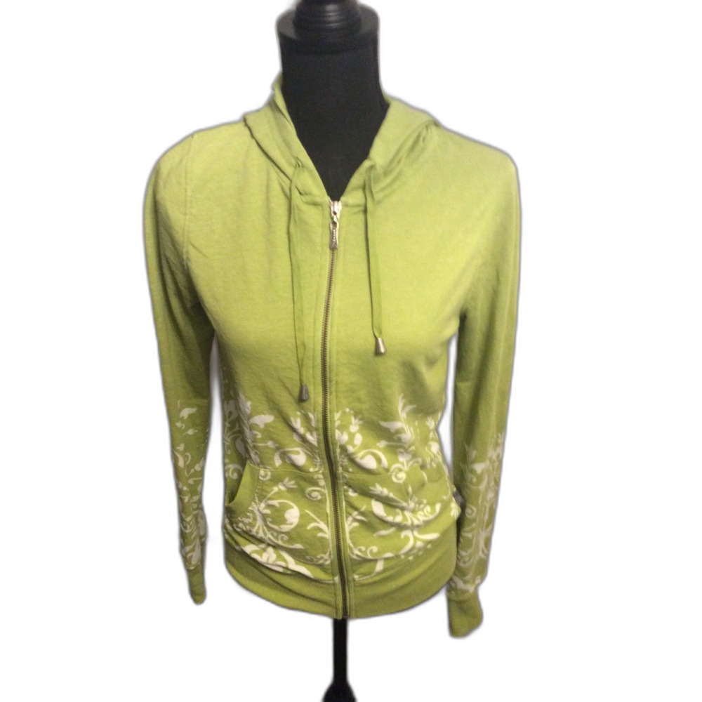 Prana Green Print Womens Hoodie Zip Up kangaroo Pockets Floral Small